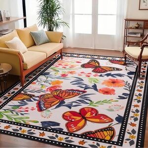 Bohemian Floral Butterfly Washable Area Rug 8x10 NWT
